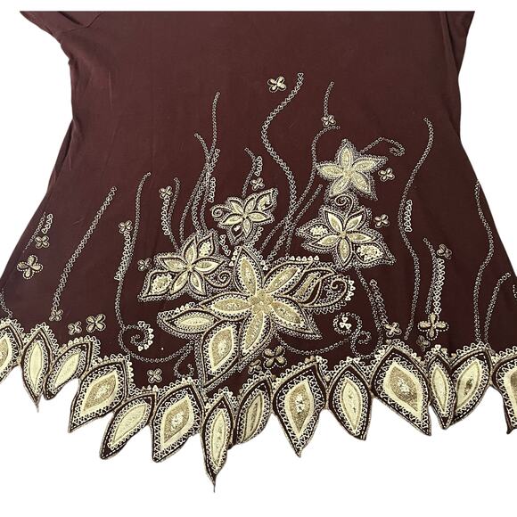 MKM DESIGNS LONG SLV SCOOP NECK PULL-OVER BLOUSE, WOMENS, 1X, BROWN W/GOLD DECOR - Picture 8 of 10